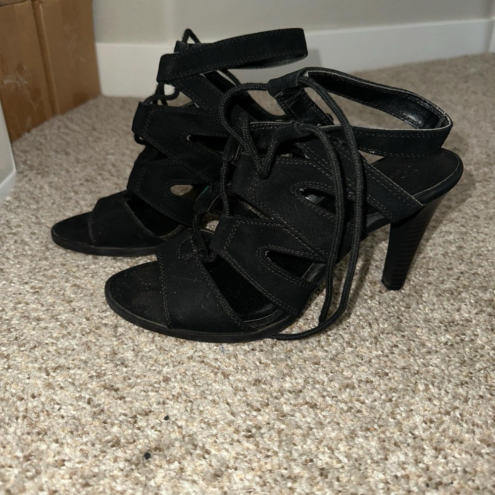 black suede lace up heels